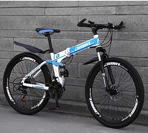 Vélos de montagne pliant : 26" Blue Mountain Bike, 30-Speed ​​Double Frein à disque Vélos pliants, Plein suspension anti-glissement, cadre aluminium léger, fourche à suspension, (Color : Blue)