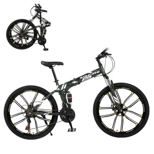 Vélos de montagne pliant : AASSDOO VTT pliable pour adulte - 21 vitesses - Avec freins à double disque à 21 vitesses - Suspension complète - Antidérapant - Vélo de sport pour adulte - Double disque