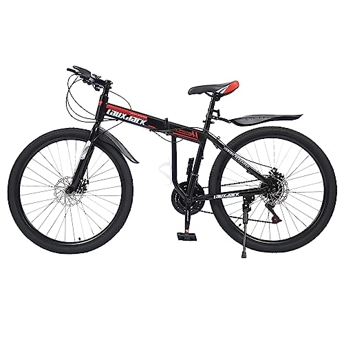 Vélos de montagne pliant : Atnhyruhd VTT pliable 26 ", en acier au carbone, frein à disque, dérailleur à 21 vitesses, vélo tout terrain, vélo pliant en acier au carbone (noir rouge)