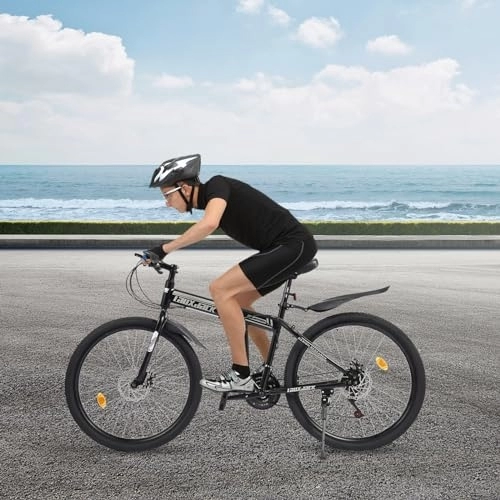 Vélos de montagne pliant : Brride Vélo de montagne pliant 26", 21 vitesses, cadre en acier au carbone, freins à disque, selle ergonomique, fourche à suspension, design élégant noir et blanc, léger et portable