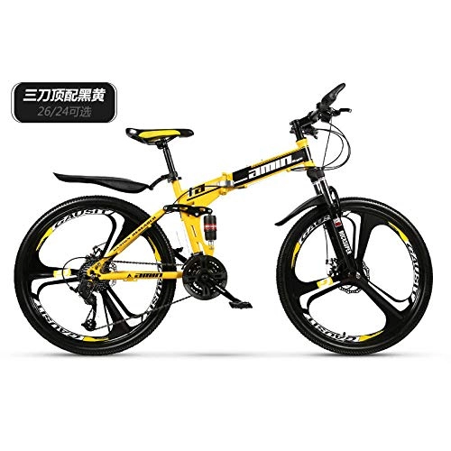 Vélos de montagne pliant : DARTS Lightweight Mountain Bike 21-Speed 27-Speed Dual Shock Absorber Integrated Wheel Off-Road Folding Mountain Bike Bicycle-(Top with Three Cutter Wheels) Yellow_21 Speed