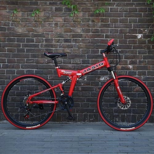 Vélos de montagne pliant : Dsrgwe VTT, 26inch VTT, vélo Pliant Semi-Rigide, Cadre en Acier au Carbone, Suspension complète et Double Disque de Frein, 21 Vitesses (Color : Red)
