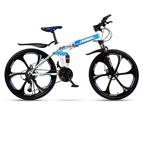 Vélos de montagne pliant : Dsrgwe VTT, Pliable VTT, Vélos hardtails, Double Frein à Disque et Suspension Double, Cadre en Acier au Carbone (Color : Blue, Size : 21-Speed)