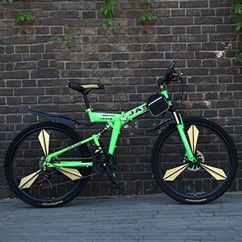 Vélos de montagne pliant : Dsrgwe VTT, VTT, 26inch Cadre Pliant en Acier au Carbone Hardtail Vélo, Full Suspension et Double Disque de Frein, 21 Vitesses (Color : Green)