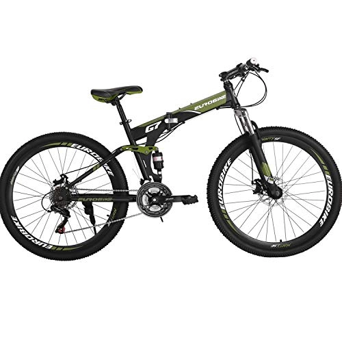 Vélos de montagne pliant : Eurobike Vélo pliable 21 vitesses à suspension complète VTT 27, 5" (vert armygreen)