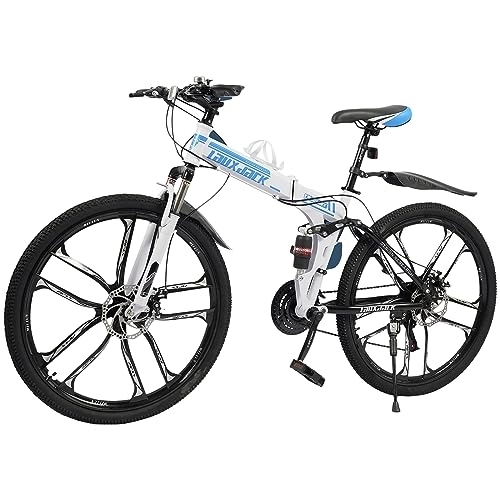 Vélos de montagne pliant : GMSLuu VTT pliant 26" avec double cadre d'absorption des chocs Vélo Pliant freins à disque vélos entièrement suspendus pour garçons filles femmes et hommes Bleu + Blanc