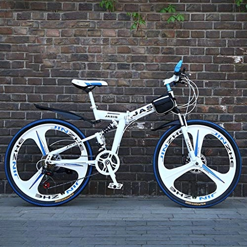 Vélos de montagne pliant : GXQZCL-1 VTT, vlo Tout Terrain, VTT, 26inch Cadre Pliant en Acier au Carbone Hardtail Vlo, Full Suspension et Double Disque de Frein, 21 Vitesses MTB Bike (Color : White)