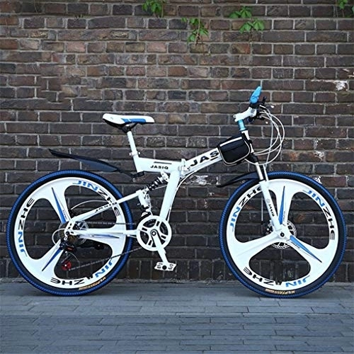 Vélos de montagne pliant : Kays VTT Vélo de Montagne VTT, 26 Pouces Cadre en Acier Pliable Carbone Hardtail Vélo, Full Suspension Et Double Disque De Frein, 21 Vitesses (Color : White)