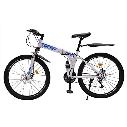 Vélos de montagne pliant : lalaleny VTT pliable de 26 pouces pour filles, garçons, hommes et femmes, hauteur réglable, 21 vitesses, vélo avec garde-boue (bleu blanc)