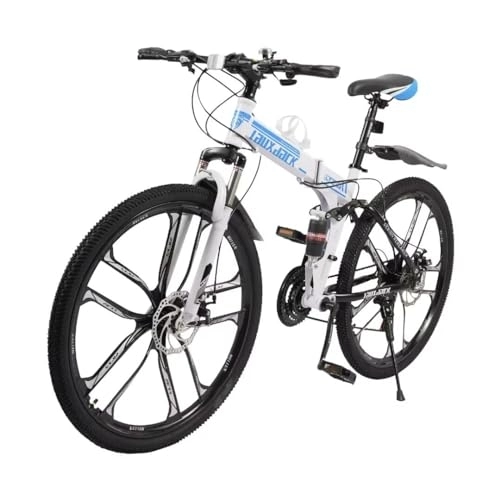 Vélos de montagne pliant : lousriyy Vélo de montagne pliable de 26 pouces - 21 vitesses - Freins à disque - Hauteur d'assise réglable - Pour le camping - Unisexe - Blanc et bleu