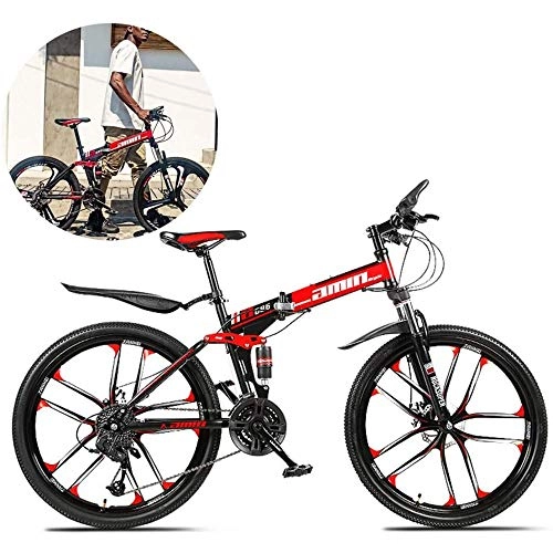 Vélos de montagne pliant : LQRYJDZ Folding Mountain Bike 26 Pouces, 24 Full Speed Suspension VTT Cadre Pliable 10 Cutter Roue (Color : Red)