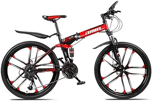 Vélos de montagne pliant : MJY Vélo VTT Vélos pliants, 26 pouces frein à disque double 24 vitesses Suspension intégrale antidérapant, cadre en aluminium léger, fourche à suspension, rouge, D 7-2