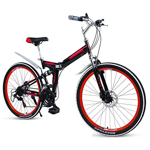 Vélos de montagne pliant : MJY Vélos pliants pour adultes, VTT pliant à double frein à disque en acier à haute teneur en carbone, vélo pliable à double suspension, vélo de banlieue portable, rouge, 24 '27 vitesses