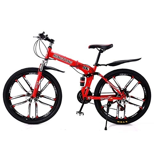 Vélos de montagne pliant : MSM Hommes's Vélo VTT, Banlieue Vélo De Ville avec Suspension Avant Réglable Siège, Léger Vélo Pliable Rouge-10 Spoke 26", 24 Vitesse