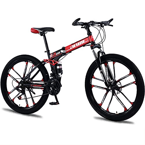 Vélos de montagne pliant : QQLK Adulte Vélo de Montagne Pliant 26", Dérailleur 21 Vitesses, Double Freins à Disque, Black Red, 10 Cutter Wheel