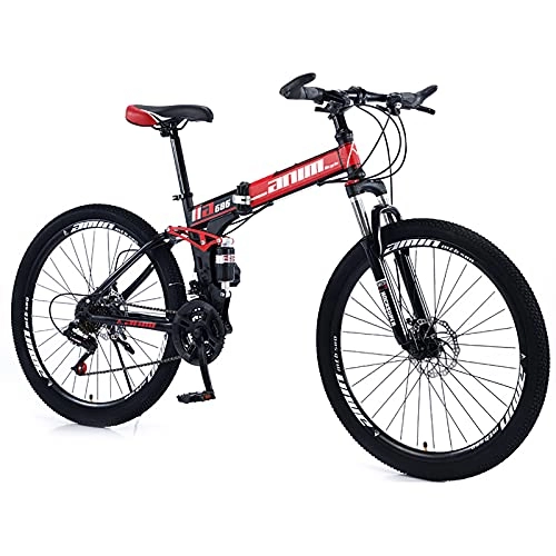 Vélos de montagne pliant : QQLK Adulte Vélo de Montagne Pliant 26", Dérailleur 24 Vitesses, Double Freins à Disque, Black Red, Spoke Wheel