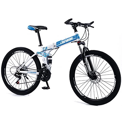 Vélos de montagne pliant : QQLK Adulte Vélo de Montagne Pliant 26", Dérailleur 27 Vitesses, Double Freins à Disque, White Blue, Spoke Wheel