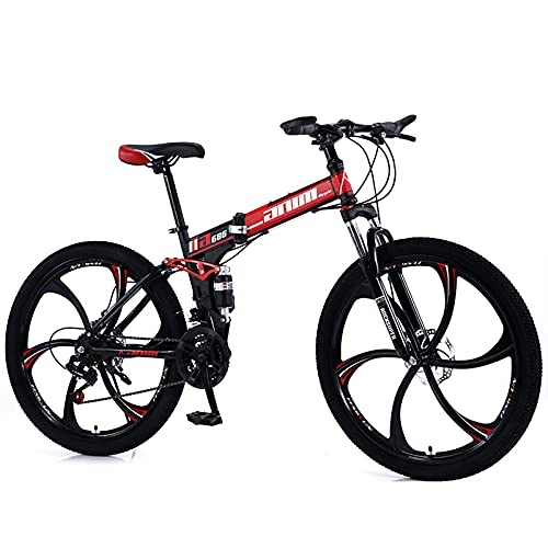 Vélos de montagne pliant : QQLK Adulte Vélo de Montagne Pliant 26", Dérailleur 30 Vitesses, Double Freins à Disque, Black Red, 6 Cutter Wheel