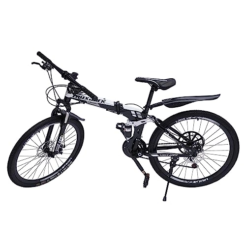 Vélos de montagne pliant : SABUIDDS VTT 26" avec suspension complète - Vélo pliant - 21 vitesses - Avec frein à disque amortissant les chocs - Pour homme et femme - Noir et blanc