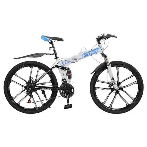 Vélos de montagne pliant : Shaillienn VTT Fully 26", guide de qualité supérieure, pour homme et femme, freins à disque, 21 vitesses, vélo pliable avec double cadre amortisseur (bleu + blanc)