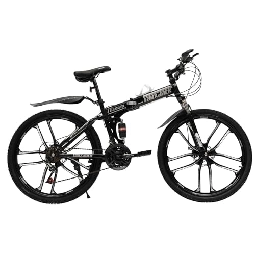 Vélos de montagne pliant : Shaillienn VTT Fully 26", guide de qualité supérieure, pour homme et femme, freins à disque, 21 vitesses, vélo pliant avec double cadre amortisseur (noir + blanc)