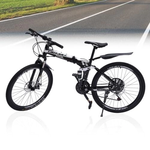 Vélos de montagne pliant : Shiyinge Vélo VTT 26" 21 vitesses unisexe avec freins à disque pliable en acier au carbone - Vélo pliable - Vélo pliant - Vélo léger avec suspension VTT noir et blanc