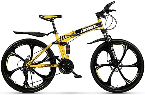 Vélos de montagne pliant : VTT 26 pouces 21 vitesses tout-en-un double amortissement des chocs VTT pliable jaune cadeau pour hommes et femmes