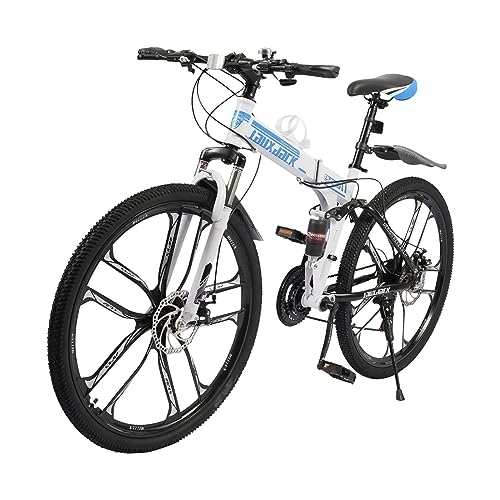 Vélos de montagne pliant : VTT de 26 ", vélo pliant à 21 vitesses, freins à disque, vélo tout suspendu avec double cadre d'absorption des chocs pour adultes, hommes et femmes (bleu et blanc)