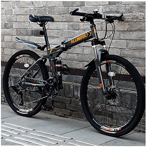 Vélos de montagne pliant : VTT pliable tout-terrain avec vitesse variable pour adultes - 26 pouces - 21 invités - Rayons gris orange