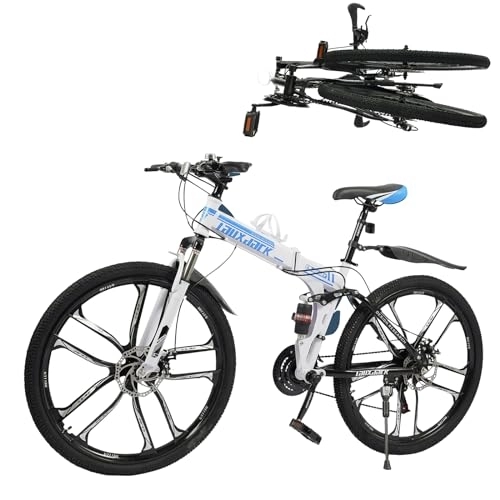 Vélos de montagne pliant : VTT pliant 26 pouces pour adolescent avec double absorption des chocs, cadre à suspension complète, frein à disque, vélo pliant à 21 vitesses, VTT avec garde-boue pour homme et femme, bleu + blanc