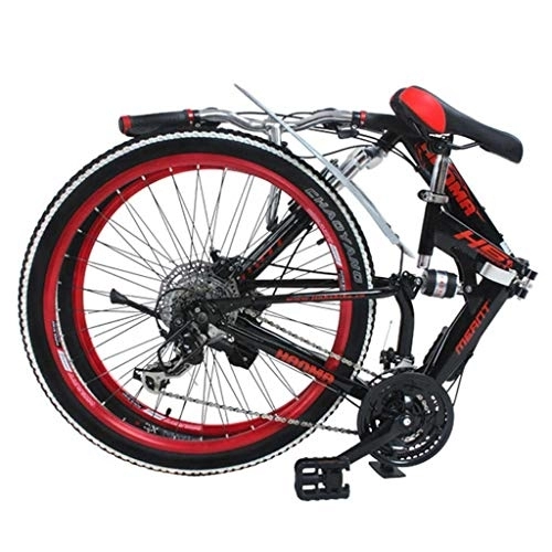 Vélos de montagne pliant : VTT pour hommes et femmes adultes, vélos de montagne à cadre double suspension en acier à haute teneur en carbone, 21 vitesses, vélo d'extérieur pliable avec 66 cm (couleur : rouge, taille : 26")