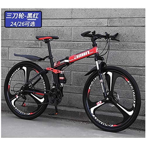 Vélos de montagne pliant : Vélo de montagne léger, 21 vitesses, 27 vitesses, double amortisseur, roue intégrée, vélo de montagne tout-terrain pliable, vélo- (correspondance de la roue à trois lames) noir rouge_24 vitesses