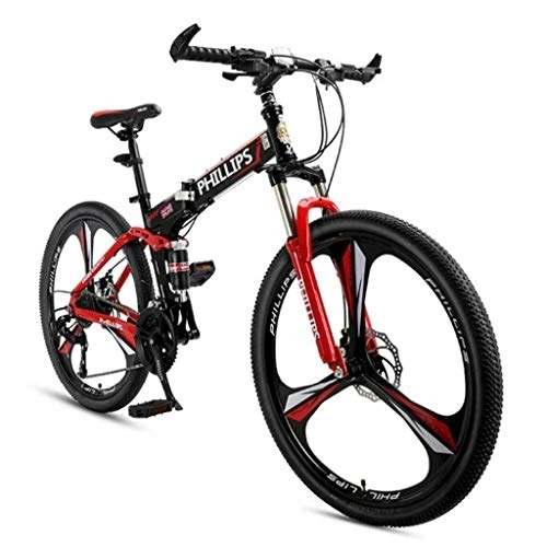 Vélos de montagne pliant : Vélo de montagne pliable de 26 pouces, vélos de route à suspension complète avec freins à disque, vélo 24 vitesses, vélo de VTT noir bleu rouge pour hommes / femmes (couleur : rouge)