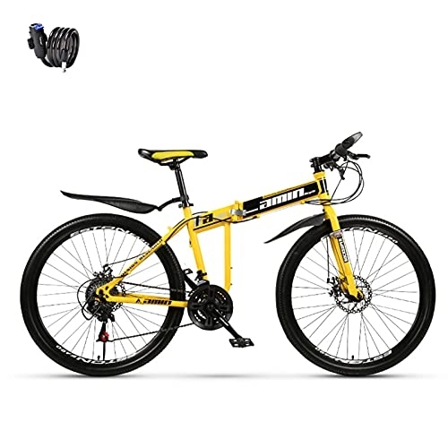 Vélos de montagne pliant : Vélo de montagne pliable, VTT à vitesse variable pour adultes, cadre en acier au carbone, système d'amortissement double (roue à rayons jaunes).