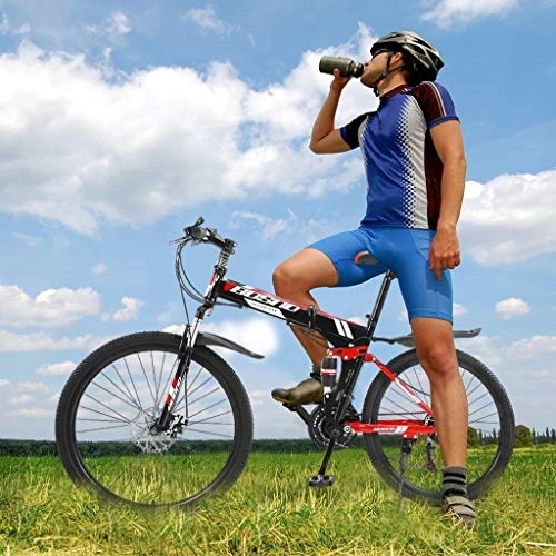 Vélos de montagne pliant : Vélo de montagne pliable à 21 vitesses pour homme et femme, VTT de 66 cm pour adultes et adolescents, fourche à suspension avec double freins à disque, pour montagne (rouge, taille unique)