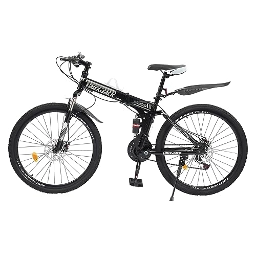 Vélos de montagne pliant : Vélo de route pliable 26 pouces 21 vitesses pour adultes avec protection anti-éclaboussures, freins à double disque avant et arrière et fourche verrouillable, cadeau (noir avec blanc)