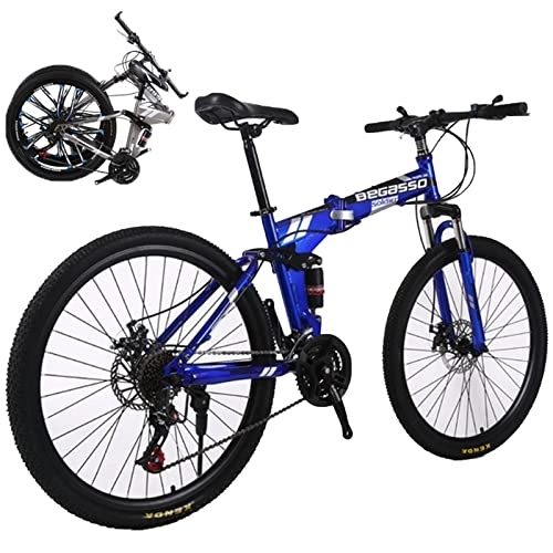 Vélos de montagne pliant : Vélo Pliant 24 Vitesses VTT Pliable Adulte Vélo Pliant à Suspension Complète Compact Cadre en Acier À Haute Teneur en Carbone Absorption Chocs, Blue, 26inch