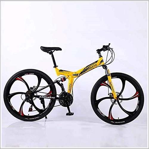 Vélos de montagne pliant : XER VTT pliable - Double levage, 27 vitesses, 26 pouces, 6 hauts-carbone, freins à disque - Jaune, 24 vitesses