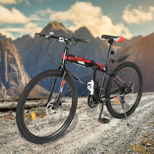 Vélos de montagne pliant : Xingfx VTT 26 ", 21 vitesses, kit de garde-boue, pliable, pour adulte, hauteur réglable pour les personnes pesant moins de 130 kg et 160 à 190 cm de hauteur, noir et rouge