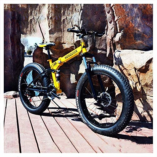 Vélos de montagne pliant : XXCZB Fat Tire VTT 26 Pouces Double Suspension pour Hommes Femmes Adulte vélo de Montagne Pliable avec Freins à Disque mécaniques vélo de Montagne à Haute teneur en carbone-30 Vitesses_Jaune