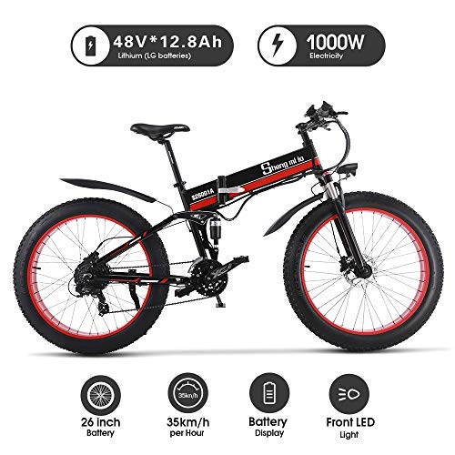 Vélos de montagne électriques : 1000W ebike Fat Tire Vlo lectrique Pliant Vlo De Montagne 26 'Suspension Complte 48V12AH 21 Vitesses Pdale Assist (Rouge)