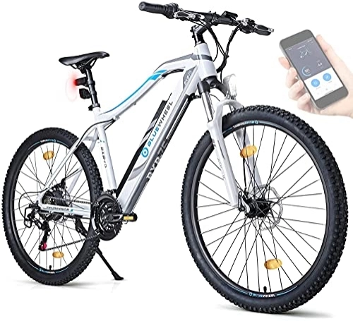 Vélos de montagne électriques : BLUEWHEEL e-Bike 27, 5" & 29" |Marque qualité Allemande |Conformité UE |E-Mountainbike 21 Vitesses & Moteur arrière, 25 km / h |Vélo électrique BXB75, Fourche Suspendue MTB, appli, LED (Blanc, 27.7")
