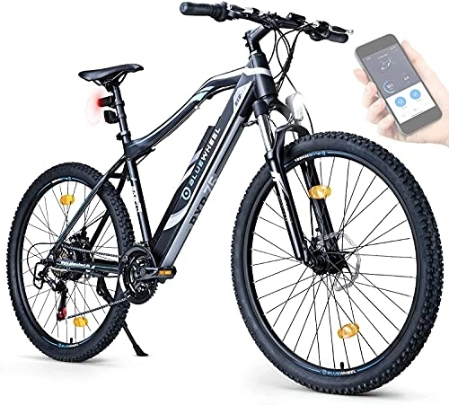 Vélos de montagne électriques : BLUEWHEEL e-Bike 27, 5" & 29" |Marque qualité Allemande |Conformité UE |E-Mountainbike 21 Vitesses & Moteur arrière, 25 km / h |Vélo électrique BXB75, Fourche Suspendue MTB, appli, LED (Noir, 27.7")