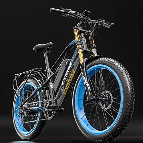 Vélos de montagne électriques : CYSUM Vélo électrique 26 * 4.0 Fat Tire Ebike 48V 17AH Batterie au Lithium Double Suspension Shimano 9 Vitesses Frein hydraulique Mens Womans VTT électrique (Black Blue)