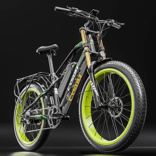 Vélos de montagne électriques : CYSUM Vélo électrique 26 * 4.0 Fat Tire Ebike 48V 17AH Batterie au Lithium Double Suspension Shimano 9 Vitesses Frein hydraulique Mens Womans VTT électrique (Black Green)