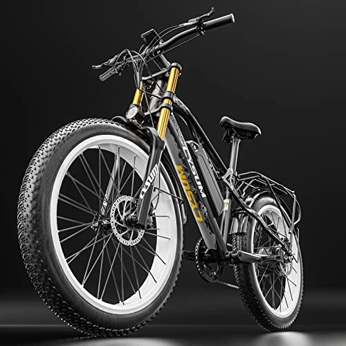 Vélos de montagne électriques : CYSUM Vélo électrique 26 * 4.0 Fat Tire Ebike 48V 17AH Batterie au Lithium Double Suspension Shimano 9 Vitesses Frein hydraulique Mens Womans VTT électrique (Black White)