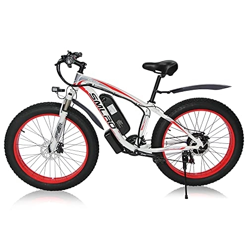 Vélos de montagne électriques : Fat Tire Vélo électrique pour adultes et hommes - 26" - Batterie amovible - Étanche - 48 V 13 A - Shimano - 21 vitesses - Double frein à disque - Blanc et rouge