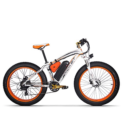 Vélos de montagne électriques : GUOWEI Rich BIT RT-022 48V 17AH 1000W Fat Tire Snow Bicycle Motor Brushless Beach Mountain Ebike (White-Orange)