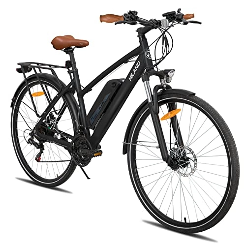 Vélos de montagne électriques : HILAND Vélo de Ville électrique 28 Pouces avec Dérailleur Shimano 7 Vitesses Vélo de Trekking Moteur 250W avec Batterie Lithium-ION 36V 10, 4Ah pour Homme et Femme E-Bike Noir
