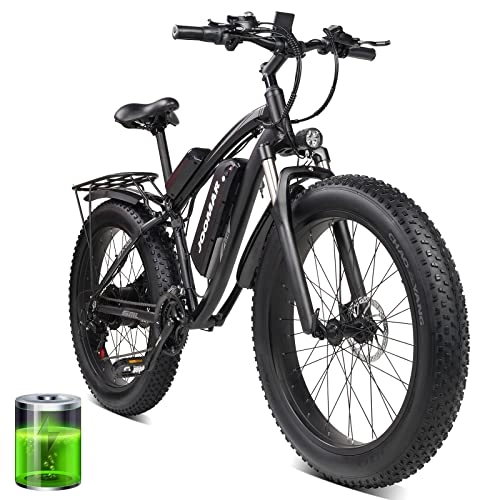 Vélos de montagne électriques : JOOMAR Vélo électrique 26" - Pneus gras - 1000 W - 48 V - 17 Ah - Batterie au lithium amovible Shimano 21 vitesses - Pédale assistée Beach Snow - VTT électrique pour adultes